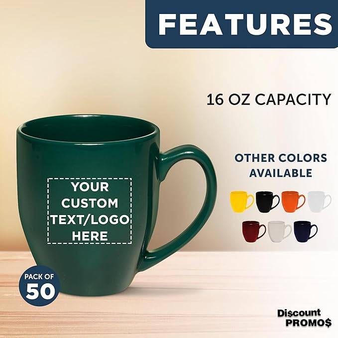 Custom Large Coffee Cups 16 oz. Set of 50, Personalized Bulk Pack - Perfect for Tea, Espresso, Cappuccino, Hot Cocoa - Green