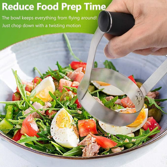 HULISEN Plain Edge Food Chopper, 3 Inch Manual Hand Chopper Dicer, Stainless Steel Round Handheld Food Cutter with Grip Handle, Chop Cabbage, Boiled Egg, Nut, Fruit, Vegetable, Meat for Salad