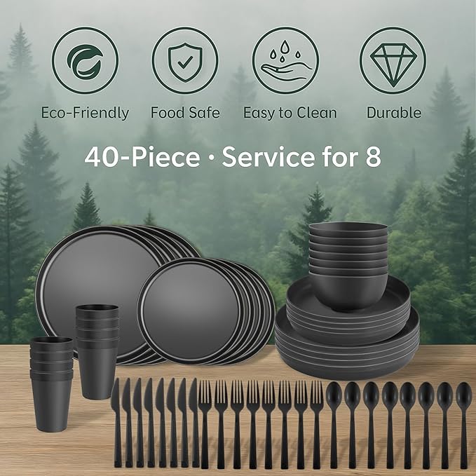 40 Piece RV & Camping Dinnerware Set, Elegant Ceramic-Look Large Bowls & Plates, Unbreakable & 100% Microwave Safe, Melamine Alternative Service for 8, Fiesta
