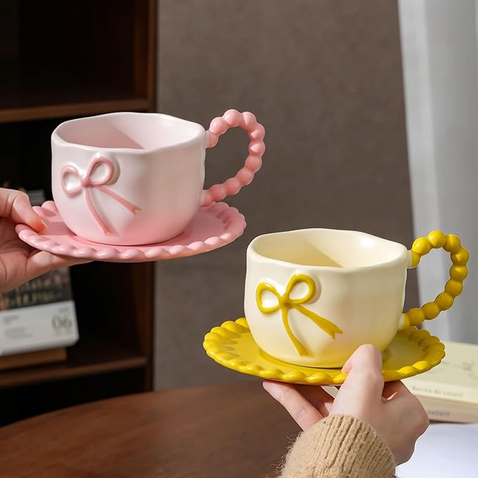 Bow Coffee Mug Blue Coquette Coffee Mugs Set with Saucer 12 OZ Porcelain Tea Cup Bow Cute Mug for Women Girl