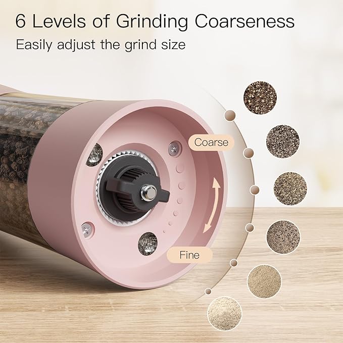 Ultrean Electric Salt and Pepper Grinder Set, Rechargeable Salt and Pepper Shakers, 6 Adjustable Coarseness, LED Light, Kitchen Gadget & Christmas Gifts, Pink
