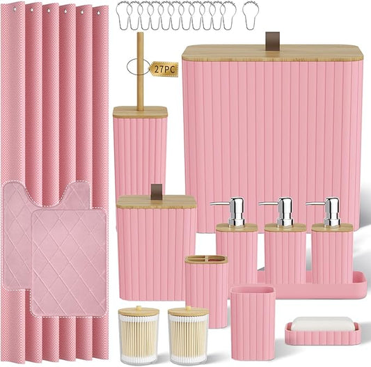 Bathroom Accessory Set - Pink Bathroom Set, 27PC Bathroom Accessories Set, Bathroom Sets with Shower Curtain and Rugs, Mini Trash Can, Toilet Brush, Trash Can & Soap Dispenser
