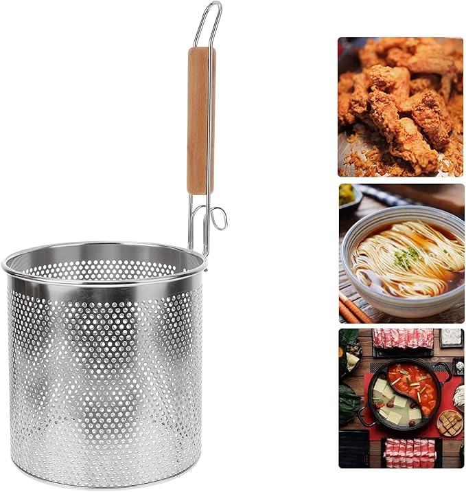Angoily Mesh Pasta Basket Food Strainer Hot Pot Colander with Round Wooden Handle Stainless Steel Mesh Spider Strainer for Pasta Noodles Dumpling Vegetable