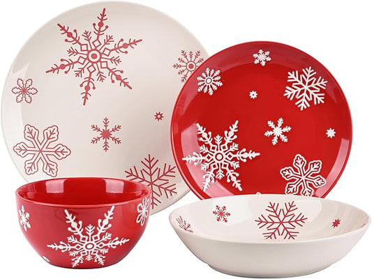 Plates and Bowls, 16 Pcs Christmas Porcelain Dishes Set, Xmas White&Red Snowflake Holiday Dinnerware Sets, Service for 4 for Winter Party Supplies, Microwave and Dishwasher Safe