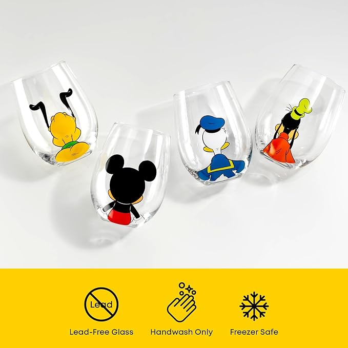 JoyJolt Disney Mickey Mouse Squad Collection Tumblers. 15oz Stemless Wine Glasses Set of 4 Stemless Drinking Glasses. Gifts Stuff, Wine Glass Mickey Mouse Cup Set