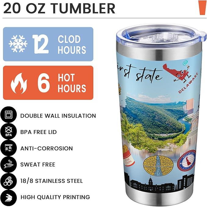 20oz Insulated Tumbler Delaware State Coffee Mug, United States Map Travel Mug Landmark, Birthday Gifts Cute Custom Tumbler Cups with Lid and Straw Mothers Day Gifts