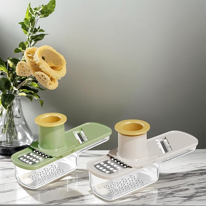 Multifunctional Garlic Grinder, 3 in 1 Mini Garlic Slicer Super Thin with Hand Guard, Vegetable Garlics Ginger Grind, Slice and Shred Mandoline Cutter with Container for Kitchen Tool (White)