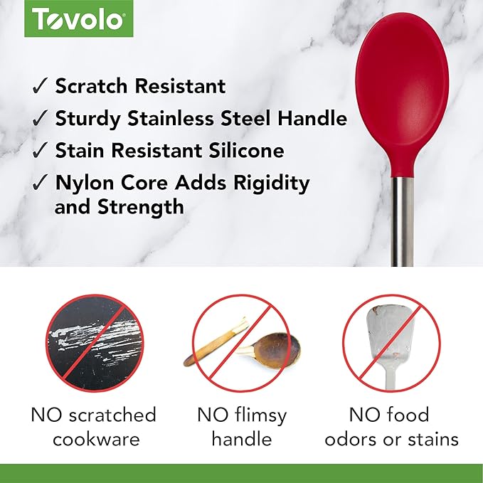 Tovolo Mixing Spoon Stainless Steel Handle Scratch Resistant Non Stick Safe Kitchen Utensil for Cooking Baking Serving Stirring, Heat Resistant Silicone Stirring Spoon with Metal Handle Cayenne Red