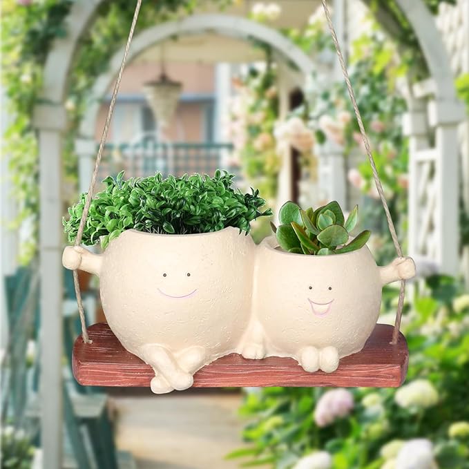 Swing Face Planter Pot Cute Hanging Double Head Flower Planters for Indoor Outdoor Plants Resin Succulent Pots for String of Pearls Plant Live Gift Ideas for Mother Teacher Christmas (Khaki)
