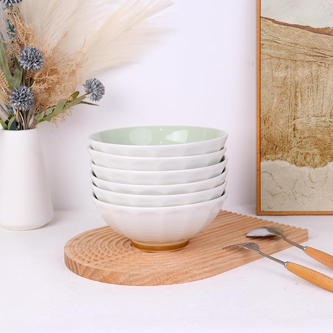 Set of 6 Large Pasta Bowls 29 oz, Green Porcelain 7 inch, Microwave Oven Dishwasher Safe Scratch Resistant