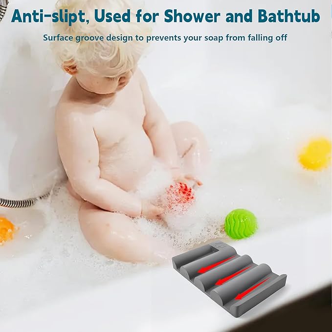 Silicone Soap Dish, Self Draining Soap Holder Perfect for Shower, Bathroom Sink, Kitchen Sink & Travel, Non-Slip Bar Soap Holder Extend Soap Life, Keep Soap Bars Dry Clean & Easy Cleaning (Grey-1PCS)