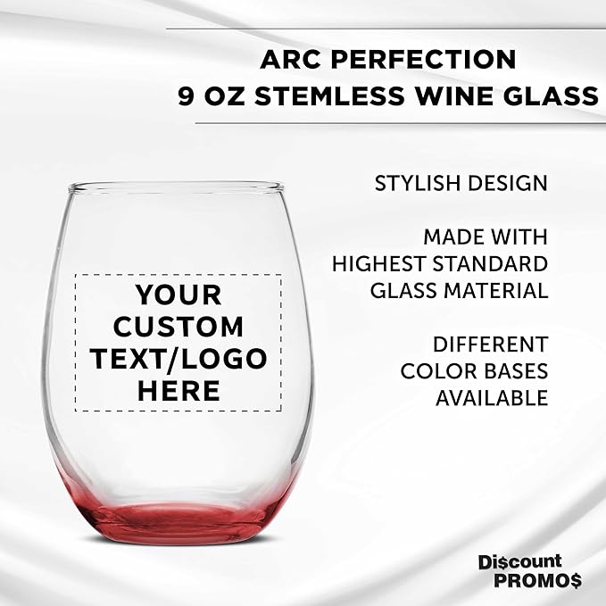 DISCOUNT PROMOS Custom Stemless Wine Glass 9 oz. Set of 10/50/100, Personalized Bulk Pack - Great for Wedding Favors, Bachelorette Party Decorations, Party Favors - Red