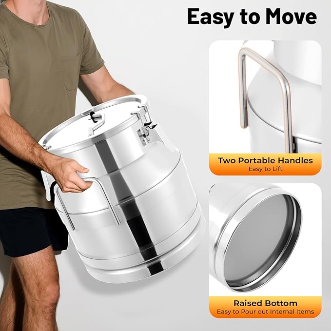 Milk Can Stainless Steel Containers with Lids Old Fashion Milk Jug Metal Bucket with Practical Handles, Sealed Bucket for Milk Water Wine Honey Oil Rice Tea Beans Grains (20L/5.28Gal)