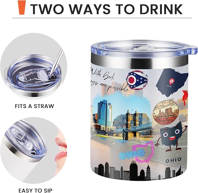 12oz Coffee Mug Ohio State Insulated Coffee Cups, United States Map Travel Mug Landmark, Birthday Gifts Cute Mugs with Lid and Straw Gifts for Mom