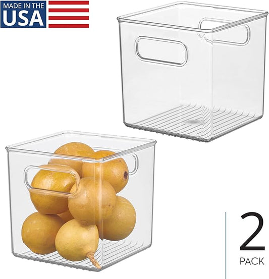 iDesign Pantry Storage Bins with Handles - Cube Organizer Bins for Cabinets or Fridge - Set of 2 - Clear
