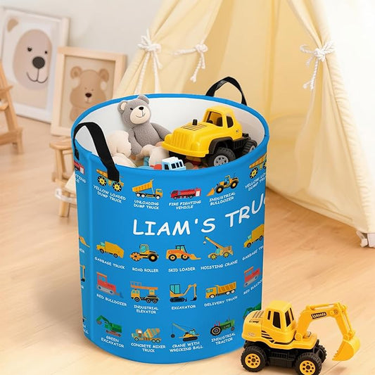 callie Personalized Truck Excavator Laundry Basket for Kids Boys, Waterproof Collapsible Laundry Hamper, Clothes Toys Storage Bin for Bedroom Nursery (13.8" x 16.5", 15.7" x 19.6")