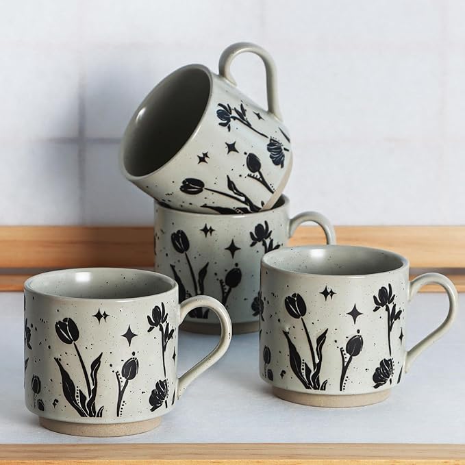 Stackable Coffee Mugs Set of 4, Aesthetic Cute 10 OZ Small Ceramic Espresso Cups Vintage Stoneware Tea Cup for Cappuccino Latte, Flower