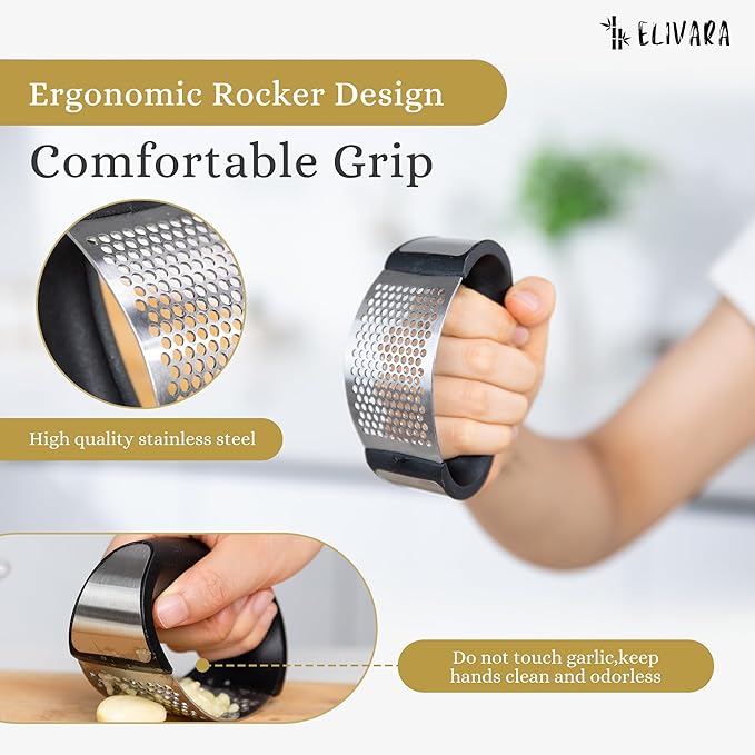 Stainless Steel Garlic Press Rocker Set (Black) - Includes Silicone Peeler and Cleaning Brush for Effortless Garlic Mincing