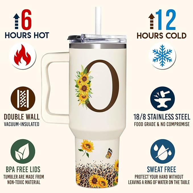 Personalized Birthday Gifts For Women - Sunflowers Monogrammed Cup For Boss Day, Christmas - Customized Gifts For Women, Mom, Wife, Coworkers, Boss Lady, Her - Custom Tumbler With Handle 40oz