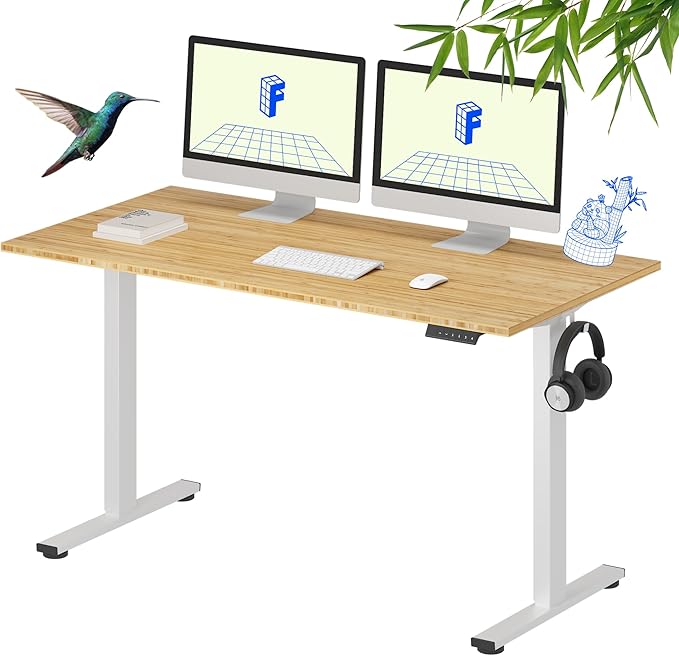 FLEXISPOT EN1 Bamboo Standing Desk, 55 x 28 Inches One-Piece Electric Adjustable Height Sit Stand Table, Home Office (White Frame + Bamboo Top, 2 Packages)