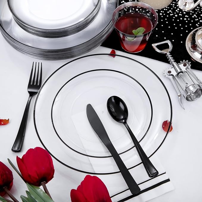 NOCCUR 350PCS Clear and Black Plastic Plates - Disposable Dinnerware Set for 50 Guests Include 100 Dinner/Dessert Plates,150 Black Cutlery,50 Cups&50 Napkins Ideal for Party/Birthday/New Year