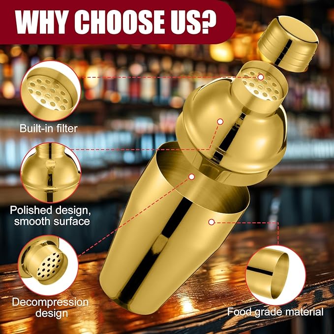 Nitial 6 Pcs Bar Cocktail Shaker Professional Stainless Steel Martini Drink Mixer Built-in Strainer for Bartending No Leaks Shaker for Bar Party Drink Mixer(Gold,11.8 oz)
