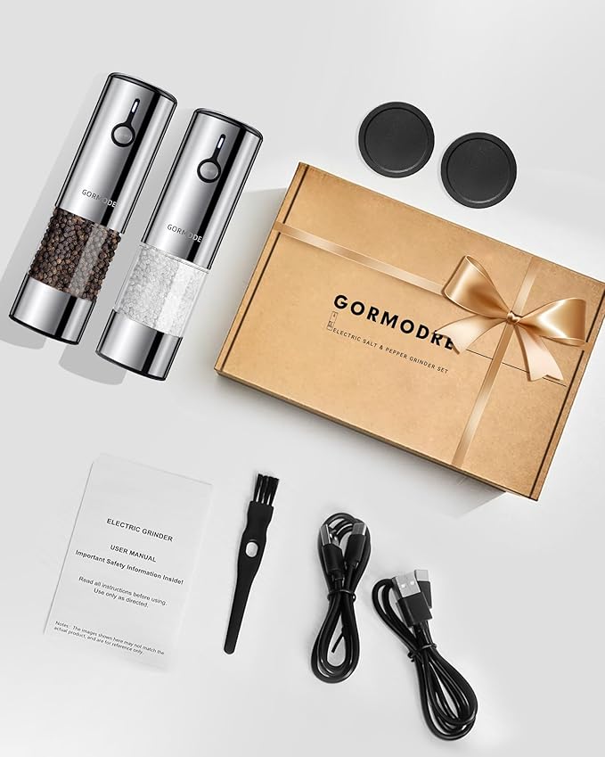 Electric Pepper Grinder and Salt Mill Set - Large Capacity USB Rechargeable Automatic Grinder with Dual LED Lights, One-Handed Operation & Slide Cover - Brushed Stainless Steel