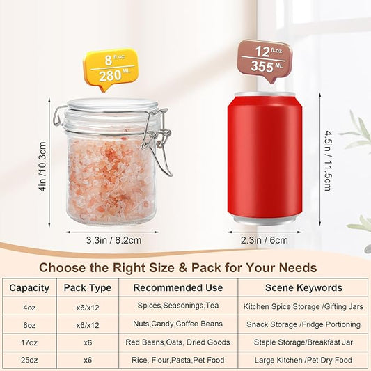 6 Pack Spice Jars, 8 oz Glass Containers with Airtight Lids, Small Herb Jars with Labels for Kitchen Storage