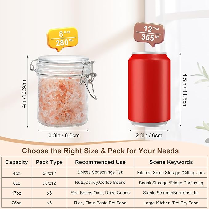 12 Pack Spice Jars, 8 oz Glass Containers with Airtight Lids, Small Herb Jars with Labels for Kitchen Storage