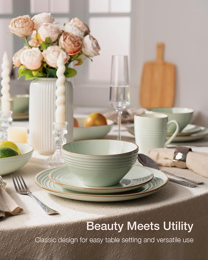 Famiware Jupiter Dinnerware Set, Plates and Bowls Dish Sets for 4 (12 Pieces), Speckled Stoneware Tableware wtih Trim - Microwave and Dishwasher Safe, Chip and Scratch Resistant, Light Green