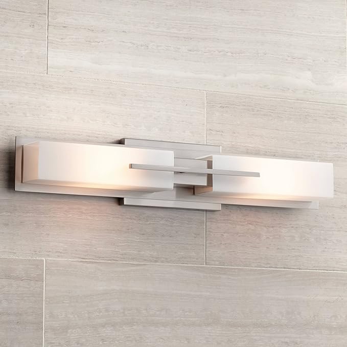 Possini Euro Design Midtown Modern Wall Lights Set of 2 Satin Nickel Silver Metal Hardwired 4 1/2" Fixture White Glass Shade for Bedroom Bathroom Vanity Living Room Home Hallway Dining Kitchen