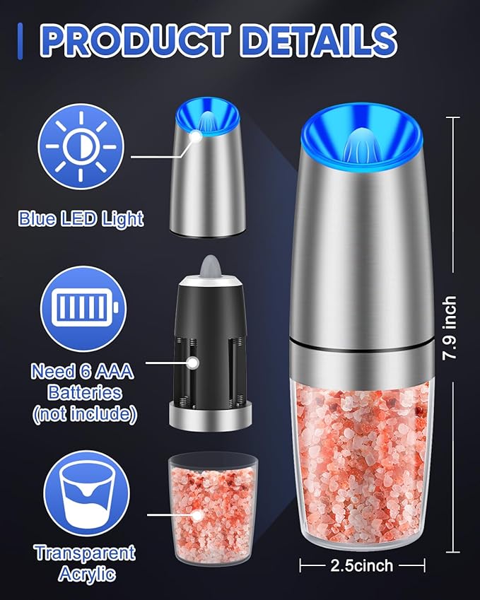 Gravity Electric Pepper and Salt Grinder Set, Adjustable Coarseness, With LED Light, One Hand Automatic Operation, Stainless Steel Black, (2 Pack Silver)