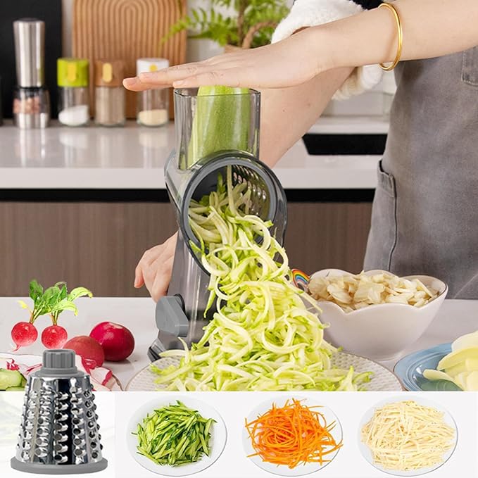 Cheese Grater with Handle,Multifunctional Rotary Cheese Grater,Kitchen Cheese Shredder Can Easily Chop Vegetables,Potatoes,Carrots,Etc.The Suction Cup is Stable and Easy to Clean (gray)