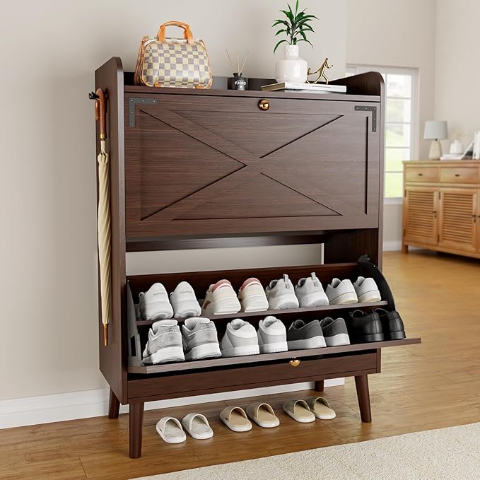 Shoe Storage Cabinet with 2 Flip Drawers & Adjustable Shelves,Narrow Shoe Cabinet Storage with Doors Side Hooks Wooden Shoe Rack Cabinet for Entryway,Hallway,Rustic Brown