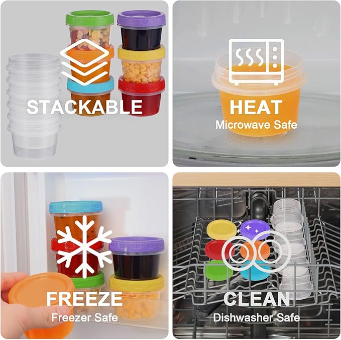 4 oz Small Plastic Containers with Lids, 24 Pack Stackable Small Freezer Container, Reusable 1/2 Cup Food Containers for Snack Puree Fruit, with Pen and Brush, Microwave & Dishwasher Safe