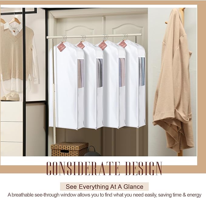 40" Cotton Garment Bag for Hanging and Storage Clothes with 4 Cedar Blocks for Fresh Smell and Moth Protection, Breathable Hanging Storage Bag for Suit Sweater Gown Fur Coat, 6'' Wide, White