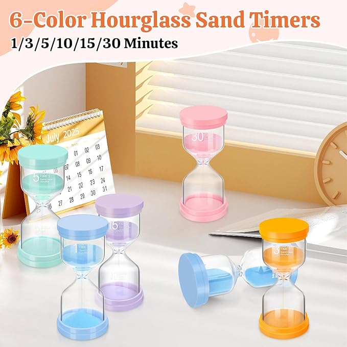 Sand Timer, 6 Colors Hourglass Sand Timers 1/3/5/10/15/30 Minutes Colorful Sandglass Timer Sand Clock Timer for Classroom Games Home Office Decor Cooking with Protective Cover, 6 Pack