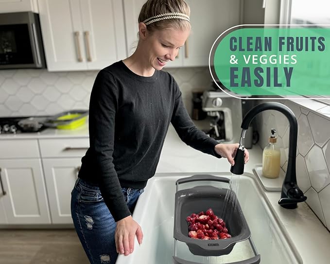 Over-the-Sink Colander with Handles – Sleek Plastic Black Kitchen Strainer for Pasta, Vegetables & Fruits – Space-Saving Design – 17.1 x 10.1 x 1.4 Inches