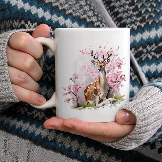 Coffee Mugs Deer Pattern Ceramic Latte Mug with Handle 11 OZ for Men Women for Latte Cappuccino Cocoa Milk Dishwasher & Microwave Safe