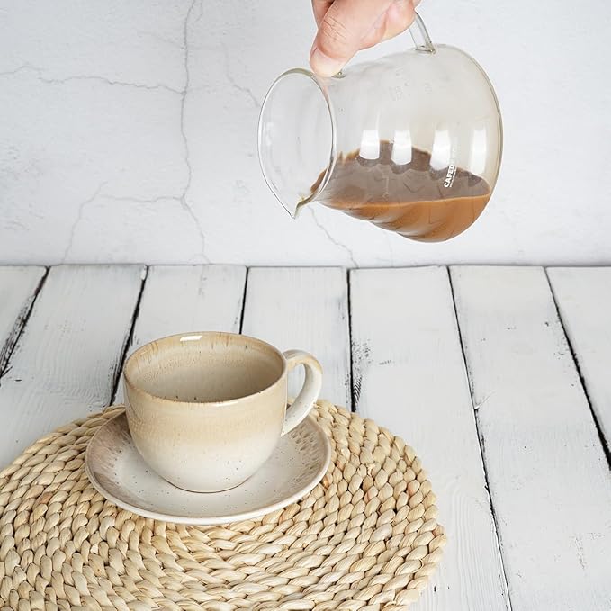 Bosmarlin Ceramic Cappuccino Cup and Saucer Set of 2, 10 Oz, Dishwasher and Microwave Safe, Coffee Cups for Latte, Espresso, Tea, Reavtive Glaze (Brown)