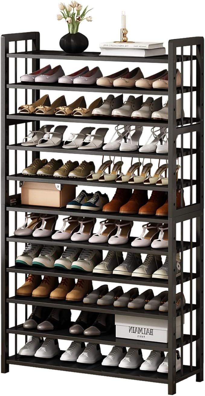 Large Capacity Shoe Storage Organizer: 11-Tier Tall Shoe Rack Holds 55-60 Pairs of Shoe, Bamboo Standing Shoe Shelf with Adjustable for Closet Entryway Black