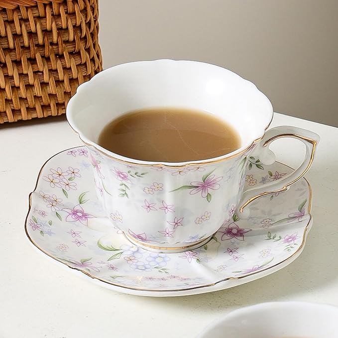 Bone China teacups,Vintage flower Pattern Espresso Teacups and Saucers,ceramic Coffee Mug Set & tea cups for women,about 7 oz(200 ml), Style02