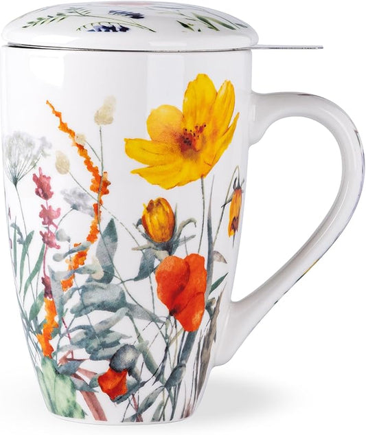 AmorArc Porcelain Tea Mug with Infuser and Lid, 18 Oz Tea Cup with Handle for Loose Leaf Tea, Gift for Tea Lovers of Men and Women