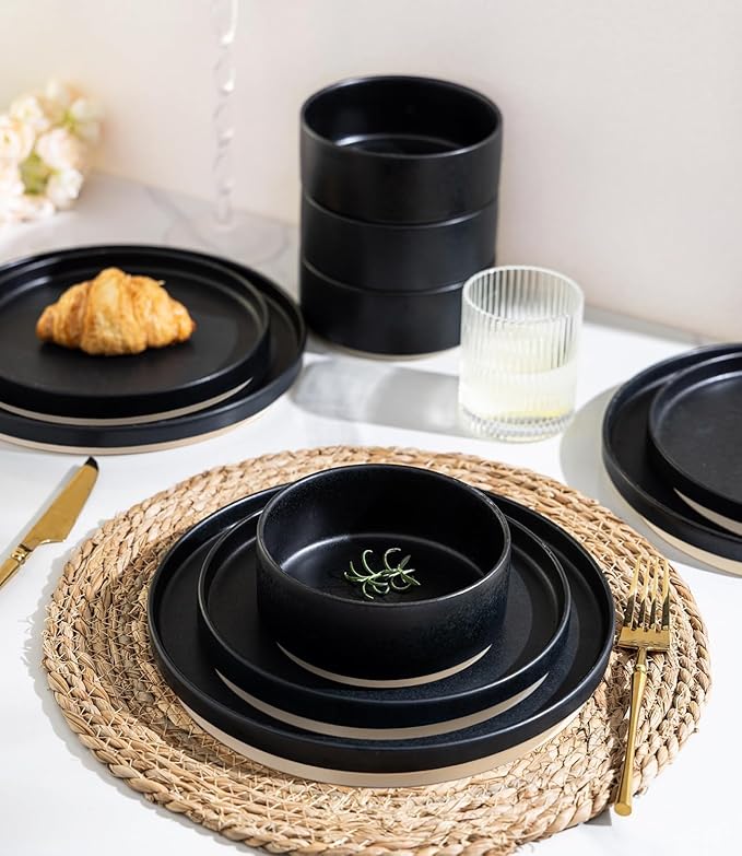 TheTerra Ceramic Dinnerware Sets for 4, 12 Pieces Handmade Reactive Glaze Plates and Bowls Set, Scratch Resistant Dish Set, Oven & Microwave & Dishwasher Safe, Matte Black