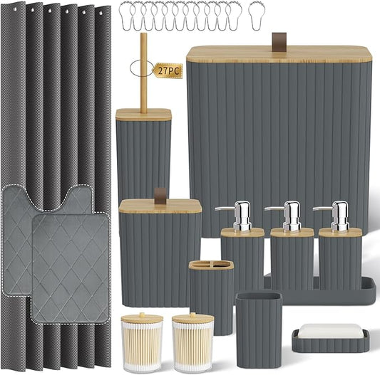 Bathroom Accessory Set - Grey Bathroom Set, 27PC Bathroom Accessories Set, Bathroom Sets with Shower Curtain and Rugs, Mini Trash Can, Toilet Brush, Trash Can & Soap Dispenser