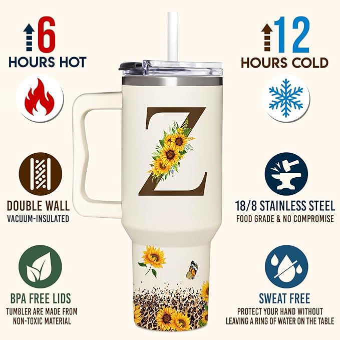 Personalized Birthday Gifts For Women - Sunflowers Monogrammed Cup For Boss Day, Christmas - Customized Gifts For Women, Mom, Wife, Coworkers, Boss Lady, Her - Custom Tumbler With Handle 40oz