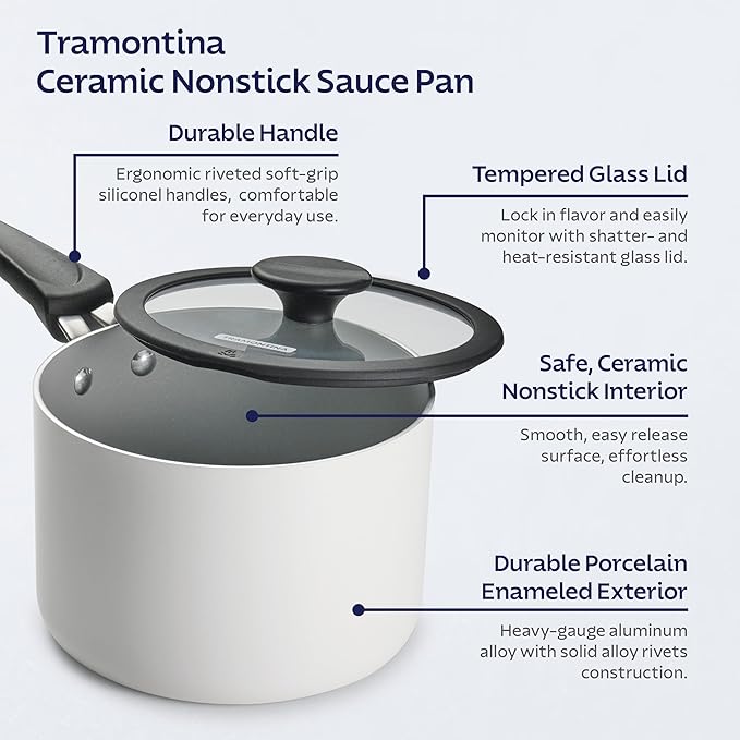 Tramontina Ceramic Non Stick 6-Piece Nesting Sauce Pan Set with Lids - Stackable Nonstick Cookware Set, Dishwasher and Oven Safe, White