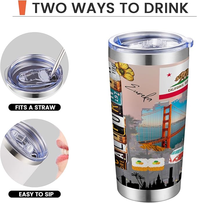 20oz Insulated Tumbler California State Coffee Mug, United States Map Travel Mug Landmark, Travel Souvenirs Birthday Gifts Cute Custom Tumbler Cups with Lid and Straw