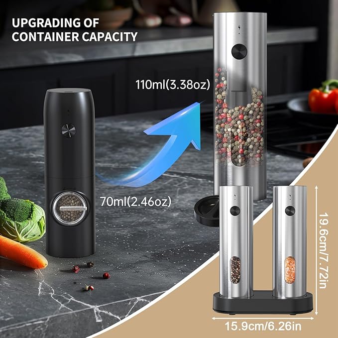 Electric Salt and Pepper Grinder Set with Charging Base,Stainless Steel Automatic Pepper Grinder Set Top-Refill,Flexible Coarsenes,110ml Larger Capacity with LED Light for Home Kitchen (2 pack)