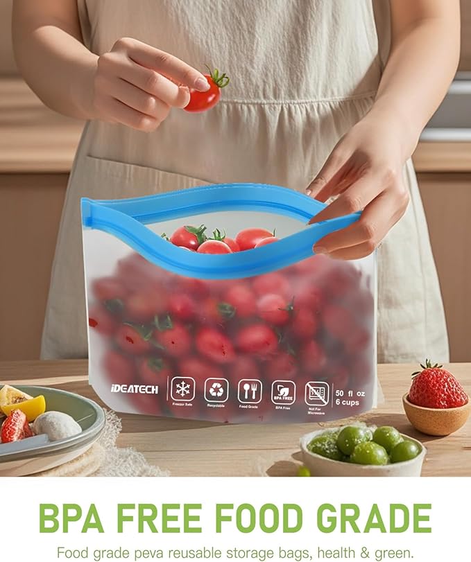 IDEATECH 8Pack Gallon Bags Dishwasher Safe, Leakproof Reusable Gallon Freezer Bags, BPA Free Reusable Gallon Bags, Food Storage Bags Silicone for Meats, Sandwich, Travel (8Gallon, Colored)